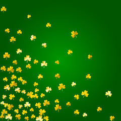 Shamrock background for Saint Patricks Day. Lucky trefoil confetti. Glitter frame of clover leaves.	 Template for poster, gift certificate, banner. Happy shamrock background.
