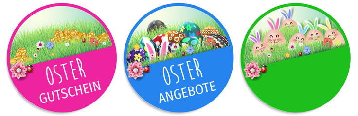 Button Set mit bunten Ostereiern und Blumenwiese - Ostern Gutschein, Osterangebot.