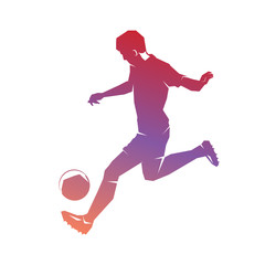 Soccer player kicks the ball.