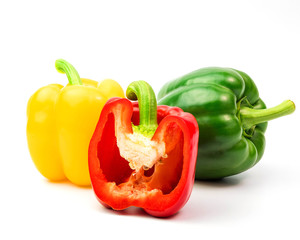 Sliced pepper isolated on white background. red pepper is sliced half.