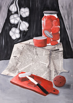 Children's drawing gouache "Still life with kitchen objects"