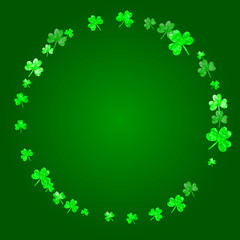 Shamrock background for Saint Patricks Day. Lucky trefoil confetti. Glitter frame of clover leaves.	 Template for poster, gift certificate, banner. Merry shamrock background.