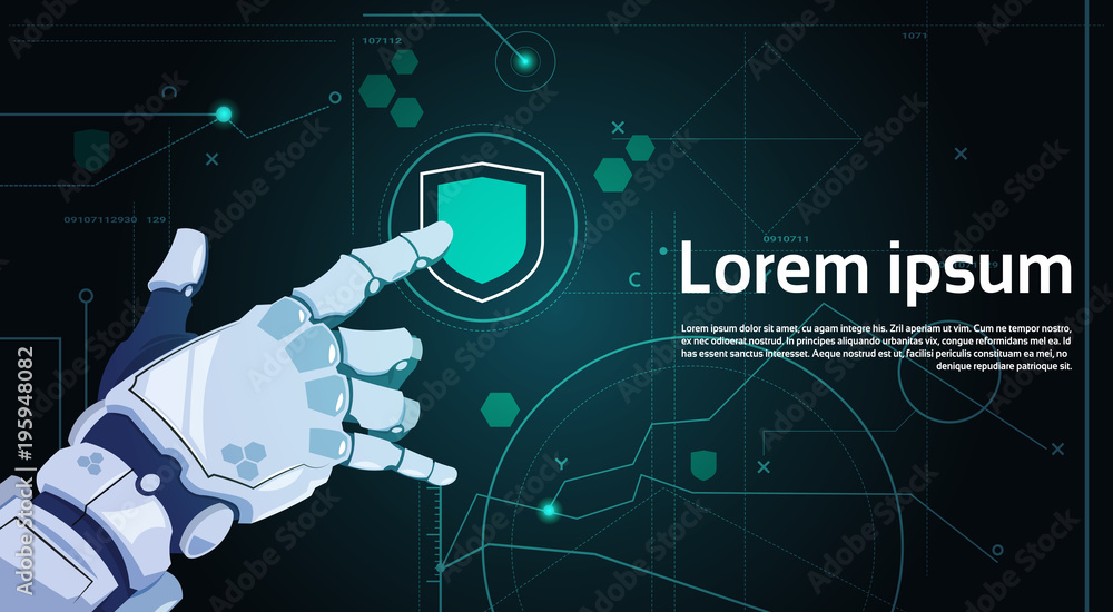 Aufkleber robotic hand touch shield button on digital screen data protection concept banner with copy space fl