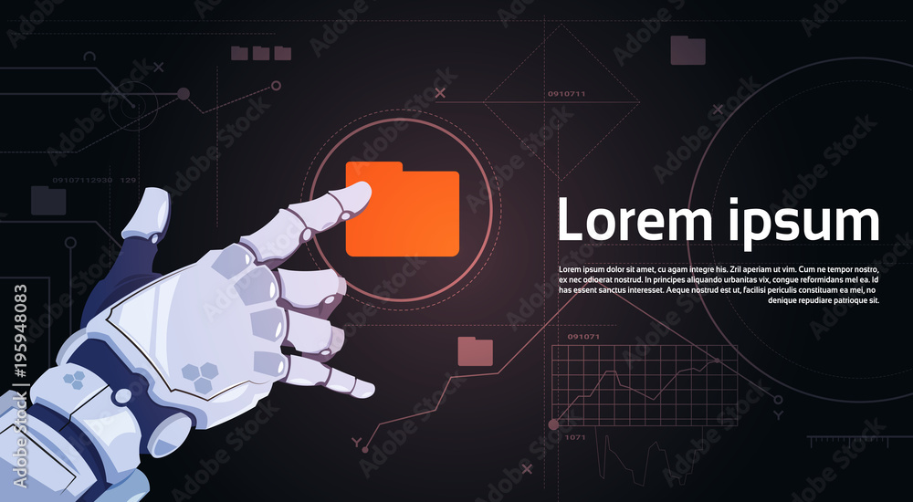 Poster robotic hand touch file folder button on digital screen banner with copy space flat vector illustrat
