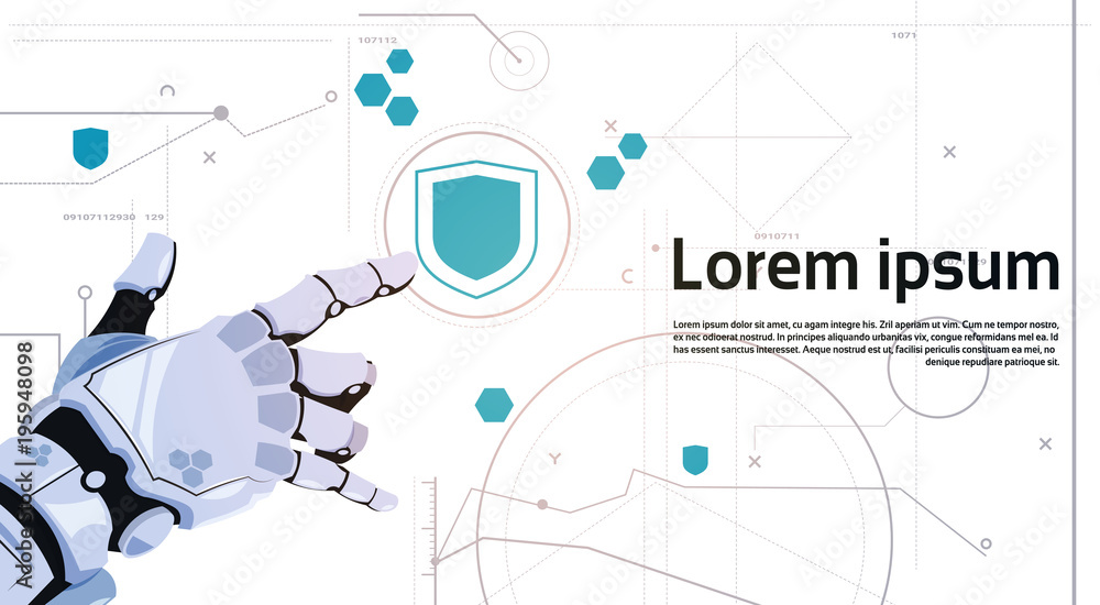 Poster robot hand touch button digital shield button web security concept banner with copy space flat vecto