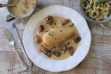 Chicken cooked in cream with Morel Mushrooms  sauce on a white plate