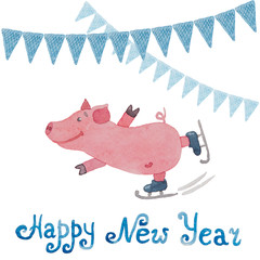 New Year card with the symbol of the year pig and flags drawn in watercolor