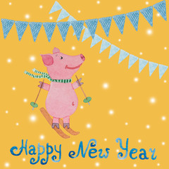New Year card with the symbol of the year pig and flags drawn in watercolor