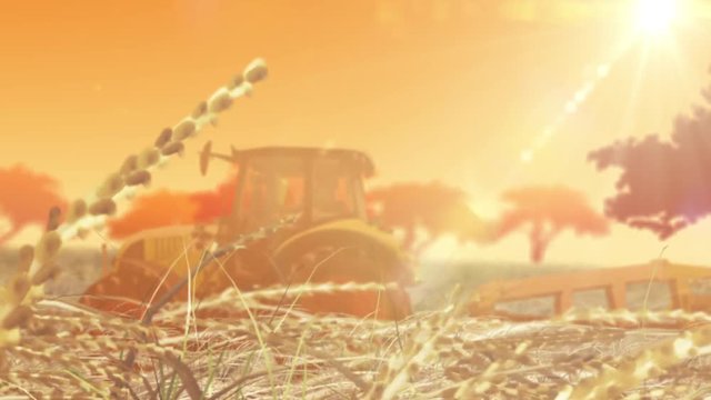 Graphic Background of a generated sunrise with a agricultural tractorin in a wheat field or a grasslands in African savannah
