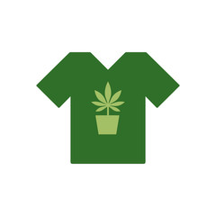 T-shirt with marijuana or cannabis plant in a flower pot. Cultivation of cannabis. Medical cannabis. Health and Medical therapy. Marijuana Legalization. Drug consumption. Tee shirt template. Vector.