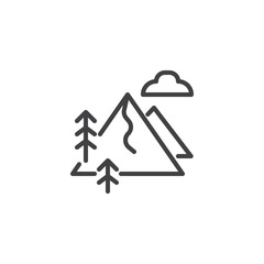 Mountain landscape outline icon. linear style sign for mobile concept and web design. Ski slope mountains ,cloud, trees simple line vector icon. Symbol, logo illustration. 