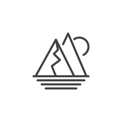Mountains landscape outline icon. linear style sign for mobile concept and web design. Rising sun in mountains simple line vector icon. Symbol, logo illustration