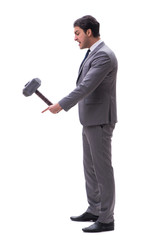 Businessman with hammer isolated on white background