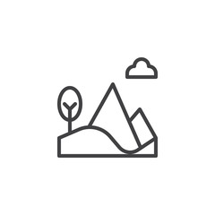 Mountain hill, tree and cloud outline icon. linear style sign for mobile concept and web design. Nature landscape simple line vector icon. Symbol, logo illustration.