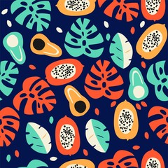 Vector seamless pattern with colorful tropical fruits. Summer background.