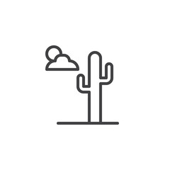 Desert landscape outline icon. linear style sign for mobile concept and web design. Cactus, clouds and sun simple line vector icon. Symbol, logo illustration. Pixel perfect vector graphics