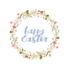 Circle Frame with Text Happt Easter and Flowers.