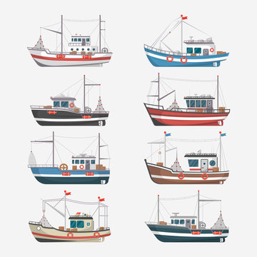 Fishing boats side view isolated set. Commercial fishing trawlers for industrial seafood production vector illustration in flat style. Vintage marine ships, sea or ocean transportation collection.