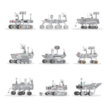Mars rover with camera, wheels, antenna and hand manipulator. Robotic space autonomous vehicles for planet exploration and cosmic colonization. Aeronautics equipment, space technology in flat style.