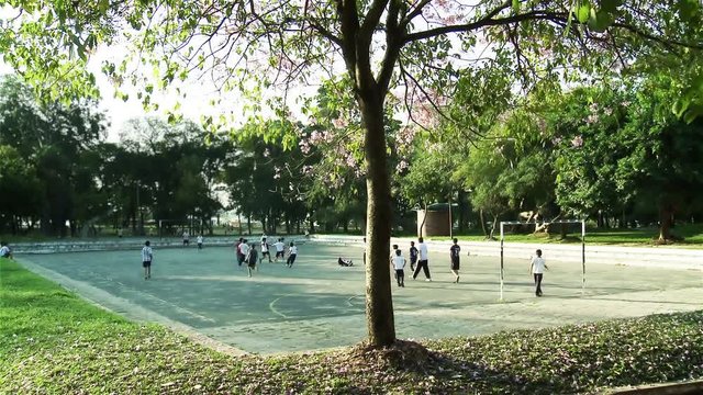 School Children playing Soccer in a Soccer Pitch inside the Bernardino Caballero Public Park (Spanish: Parque Publico Bernardino Caballero), Asuncion, Paraguay, South America.