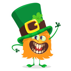 Vector Illustration of St. Patrick's Day Happy Leprechaun monster waving. For Greeting Card.