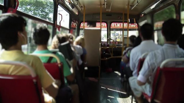 Public Transport Interior With Blurred Passengers, Asuncion, Paraguay