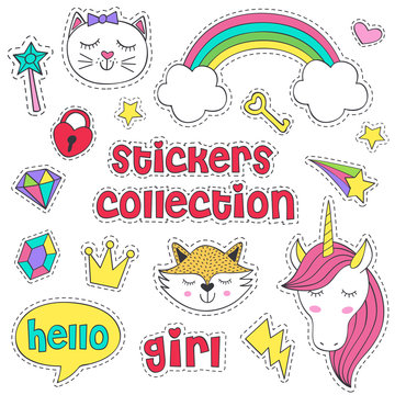 set of isolated stickers for girl - vector illustration, eps