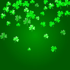 Saint patricks day background with shamrock. Lucky trefoil confetti. Glitter frame of clover leaves. Template for voucher, special business ad, banner. Decorative saint patricks day backdrop.