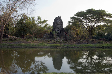 Fototapeta na wymiar Banteay Chhaar Cambodia, view of Prasat Ta Prohm temple tower with reflection