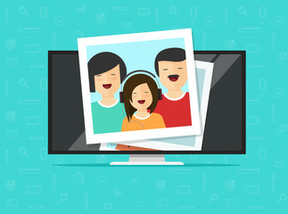 TV flat screen with photo cards vector illustration, flat cartoon computer lcd monitor or led television display showing photos, idea or media player, digital photography album gallery online