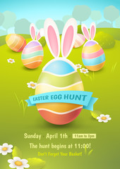 Vector cute poster for Easter Egg Hunt with ribbon, colored eggs and ears of a rabbit. Cartoon spring scene with trees, chamomiles and bushes in field. For holiday flyers and banners design.