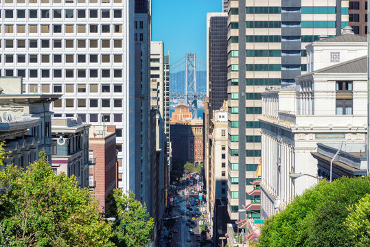 San Francisco downtown skyline with Oakland Bay Bridge on background, California.