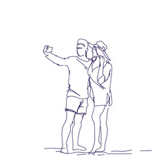 Fototapeta na wymiar Doodle Couple Taking Selfie Photo On Smart Phone Sketch Man And Woman Embracing Make Self Portrait Vector Illustration