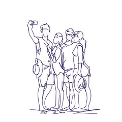 Fototapeta na wymiar Group Of People Taking Together Selfie Photo On Smart Phone Doodle Men And Women Make Self Portrait Vector Illustration