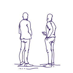 Two Man Standing Back People Sketch Holding Smart Phones Talking Doodle Rear View Vector Illustration