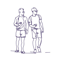 Fototapeta na wymiar Two Man Standing Hold Smart Phones Talking Sketch Guys Doodle Vector Illustration