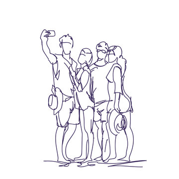 Group Of People Taking Together Selfie Photo On Smart Phone Doodle Men And Women Make Self Portrait Vector Illustration