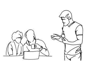 Doodle Businesspeople On Brainstorming Meeting Business Men Work Together Sitting At Office Desk Discuss Strategy Vector Illustration