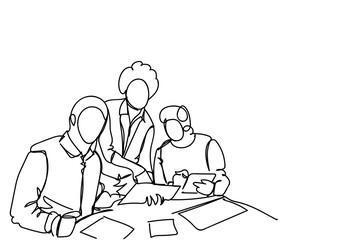 Business Men Team Working Together At New Startup During Brainstorming Meeting Simple Doodle Style Vector Illustration