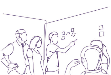 Creative Business Team Brainstorming At Board Room Meeting, Group Of Businessmen And Businesswomen Doodles Working Together Vector Illustration