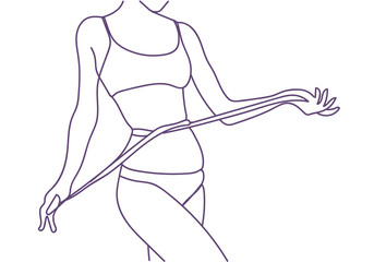 Fit Woman Measuring Waist, Weight Loss, Diet, Healthy Doodle Body Closeup Vector Illustration