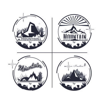 logo Set of mountain and camping. monochrome outdoor adventure design. vector on white background. tree. Wildlife. animal
