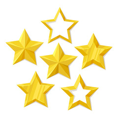 Vector illustration, set of flat metallic golden stars isolated on white background.