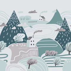 Crédence de cuisine en verre imprimé Chambre de bébé Motif coloré enfantin avec des montagnes, des collines, des vallées et des maisons. Paysage d& 39 hiver nuageux.