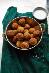 Overhead image of traditional jewish and middle eastern dish falafel. Israeli cuisine concept