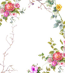 watercolor painting of leaves and flower, on white background
