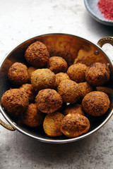 Overhead image of traditional jewish and middle eastern dish falafel. Israeli cuisine concept