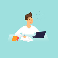 Student prepares for exams, education, training courses, internet studying, online book. Flat design vector illustration.