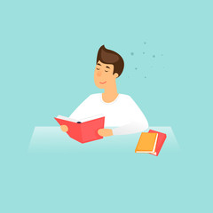 Student prepares for exams, education, training courses, internet studying, online book. Flat design vector illustration.