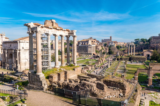 Roman Forum in Rome, Italy with the Palatine Hill and the Colosseum visible